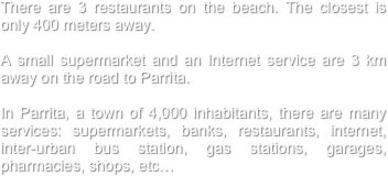 There are 3 restaurants on the beach. The closest is only 400 meters away. 

A small supermarket and an Internet service are 3 km away on the road to Parrita. 

In Parrita, a town of 4,000 inhabitants, there are many services: supermarkets, banks, restaurants, internet, inter-urban bus station, gas stations, garages, pharmacies, shops, etc…